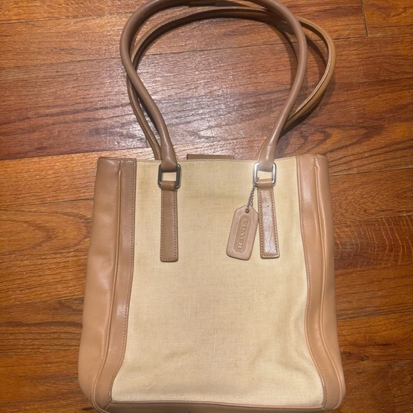VINTAGE COACH 9429 BONNIE BUCKET LINEN LEATHER TAN SHOULDER BAG - Picture 1 of 7